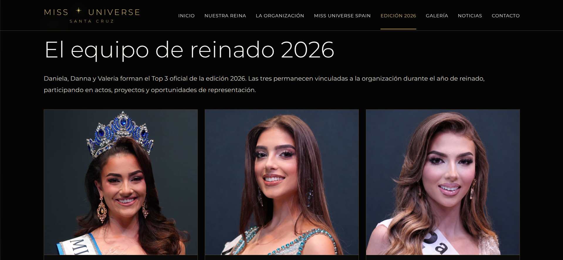 Secciones de la reina y del equipo de representación en la nueva web de Miss Universe Santa Cruz