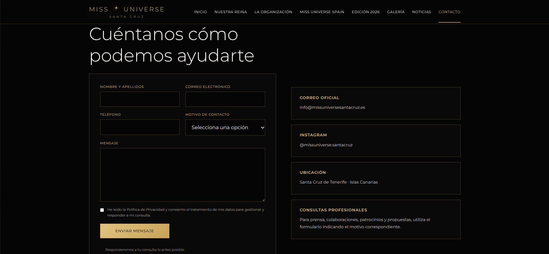 Página de contacto de la nueva web oficial de Miss Universe Santa Cruz